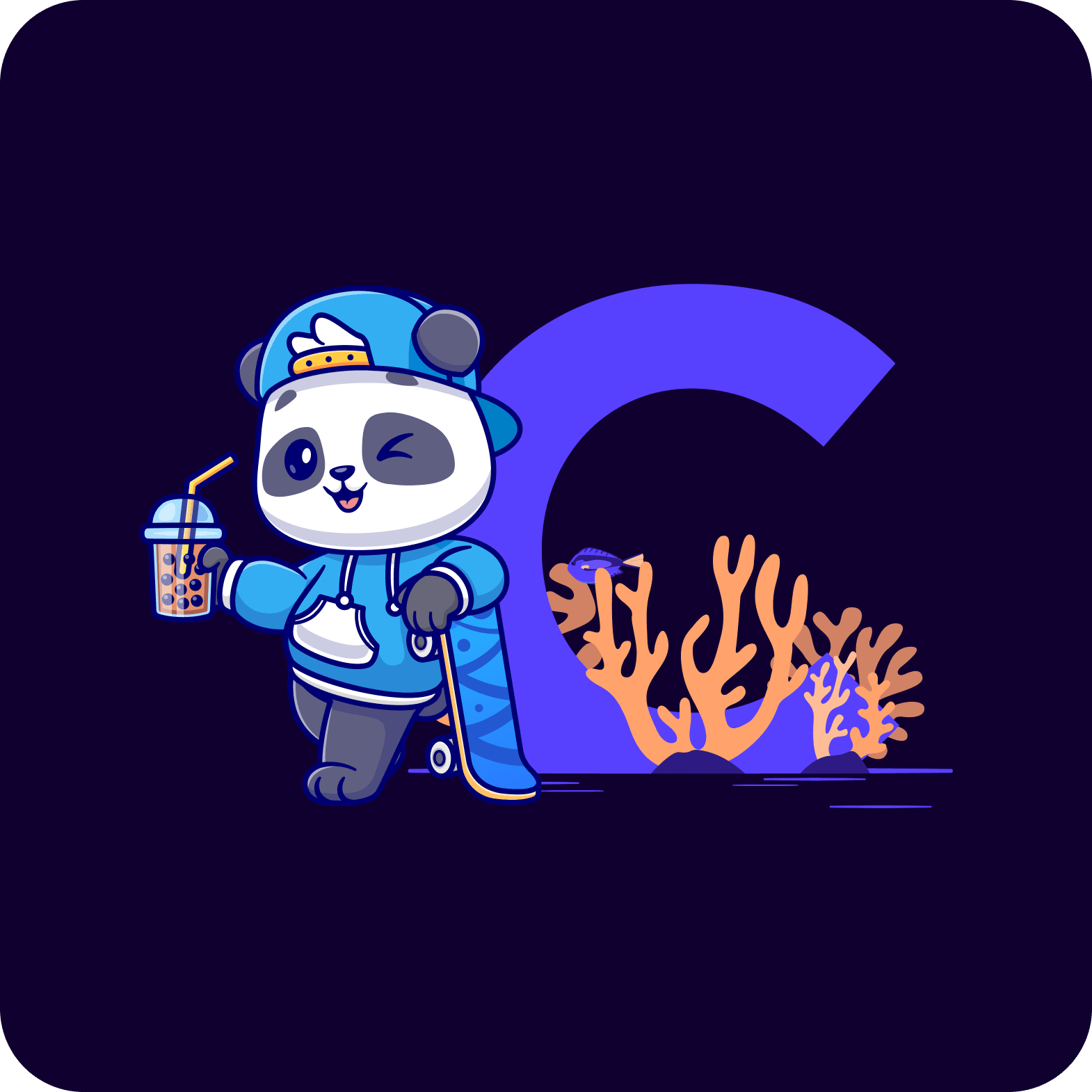 Panda CSS mascot holding a skateboard and a bubble tea, leaning against the Coral logo